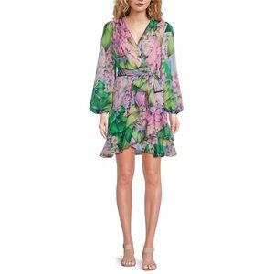 Alex Marie pink and green Floral Dress crinkle chiffon v-neckline - Size 6